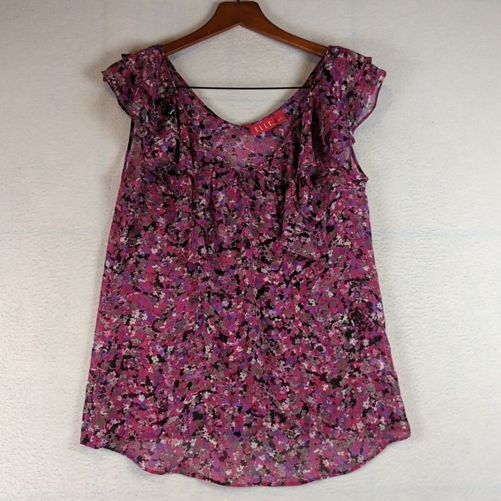 ELLE Women's Pink Purple Floral Chiffon Ruffle Sleeve Tank Blouse Large